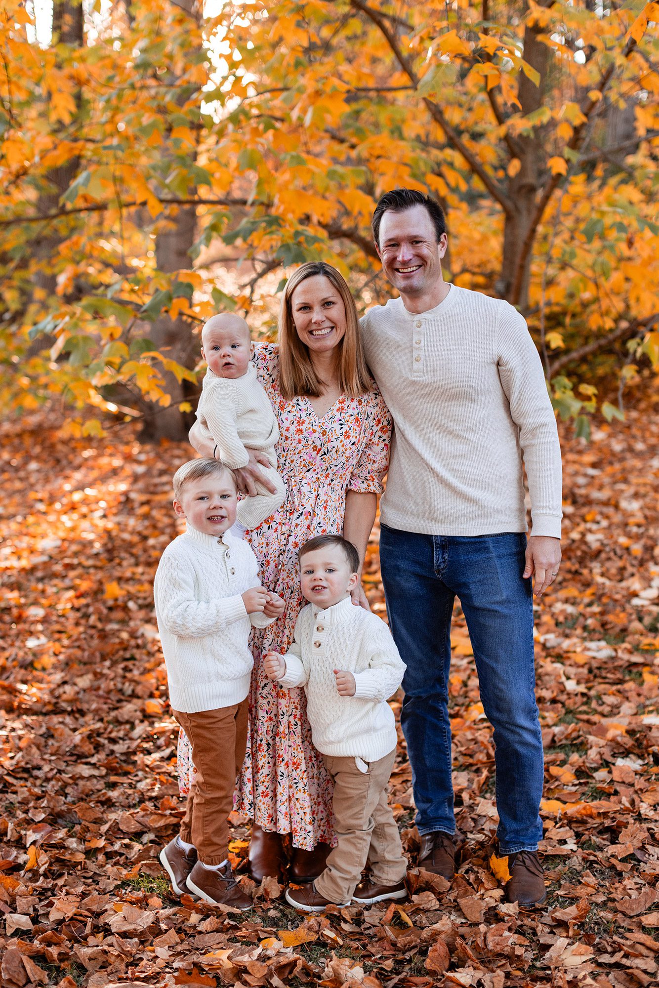 Boston Fall Family Photos - family standing with three boys