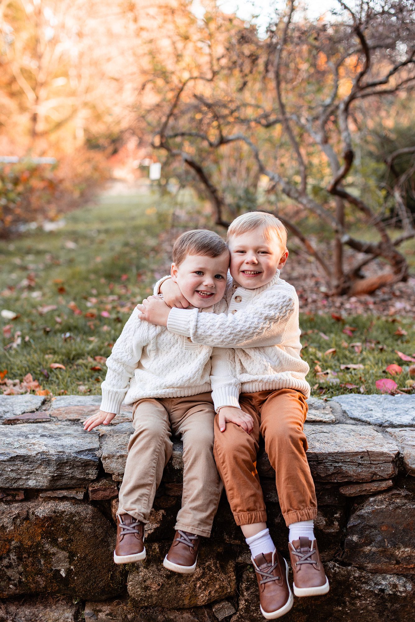 Boston Fall Family Photos - brothers sitting on a stone wall