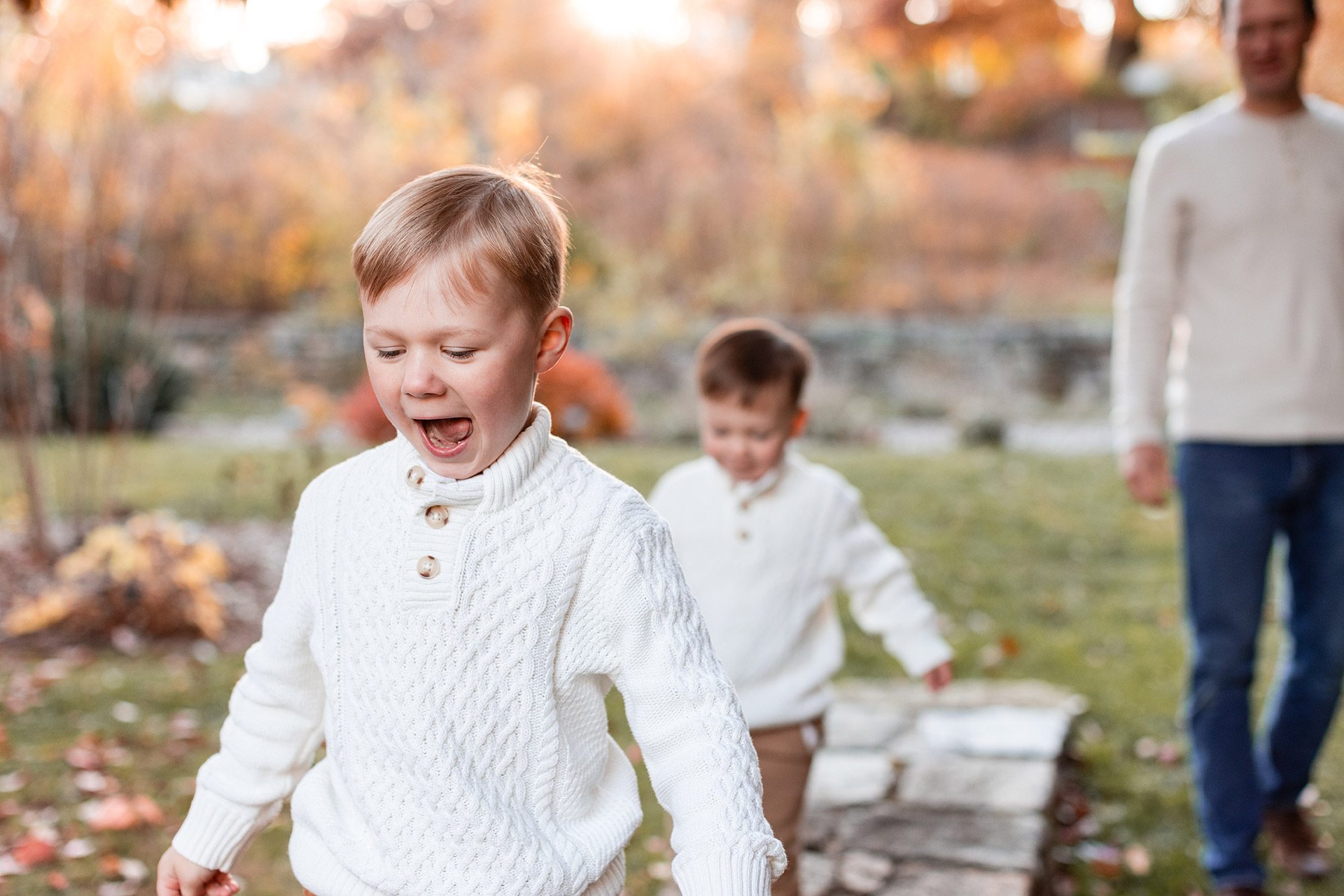 Boston Fall Family Photos - kiddos walking on a stone wall