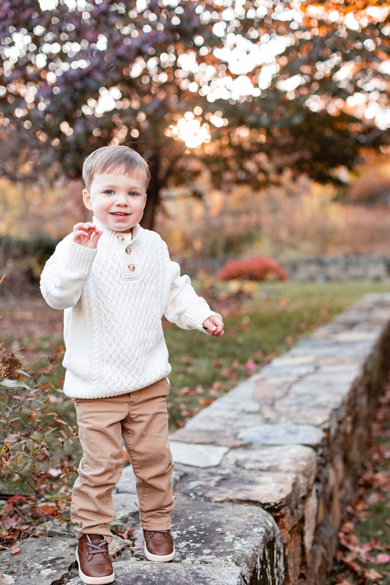 Boston Fall Family Photos - toddler boy on a wall