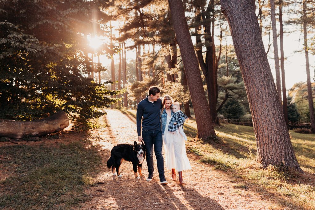Kid friendly restaurants in roslindale - family with baby and a dog walking in the woods at the arnold arboretum